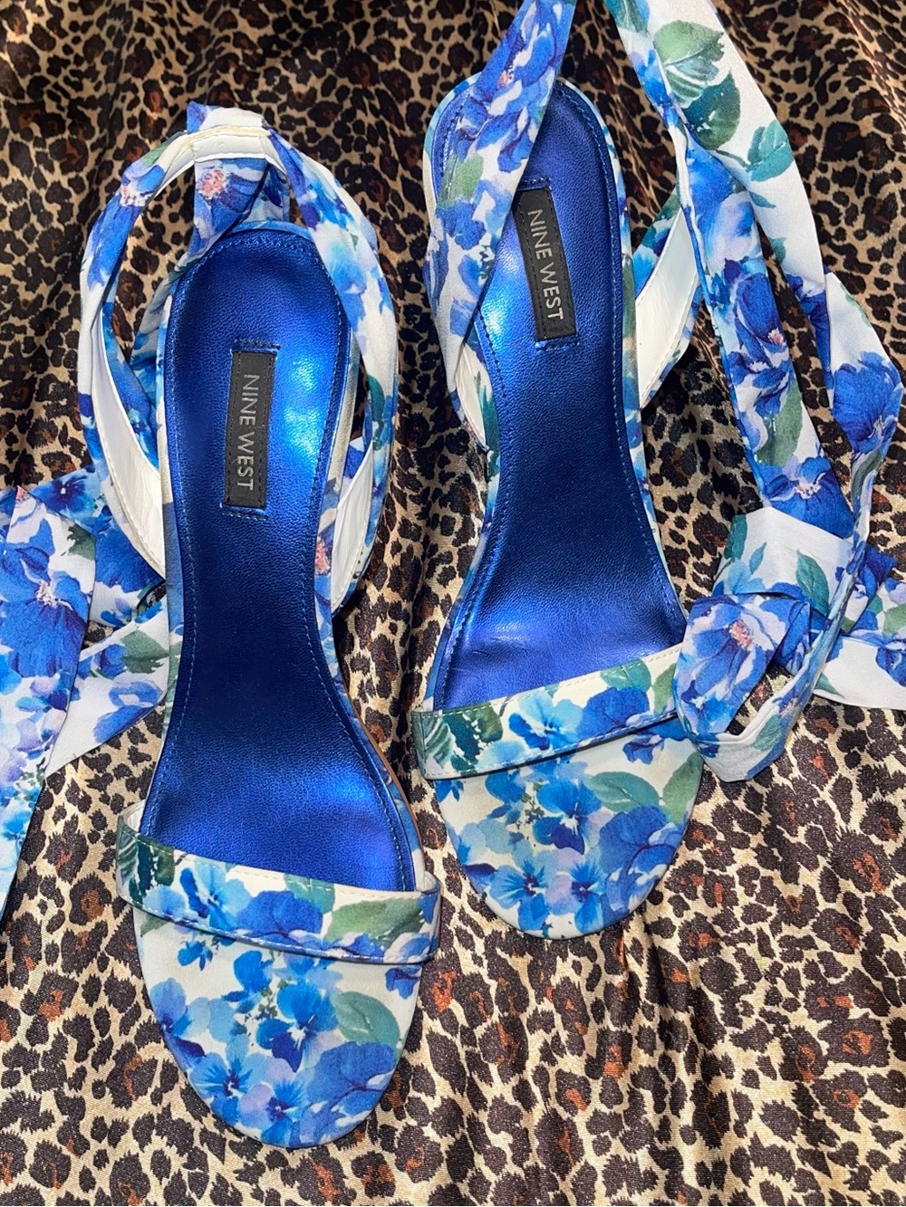 Nine West Floral Blue Water Color Satin Heels
